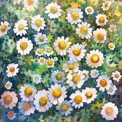Capture a vibrant aerial view of a lush field of Feverfew flowers in full bloom, bustling with vivid colors and intricate details, using watercolor