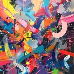 Capture the essence of deadlines through a vibrant explosion of colors and shapes in an acrylic painting Show the chaos and energy intertwined with a sense of joy breaking through the urgency