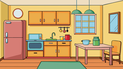  interior of a cozy kitchen with furniture and apple vector illustration 