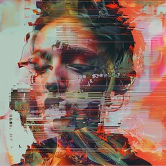 Capture the essence of discipline and shame through a haunting digital glitch art piece, where fragmented, distorted figures struggle in a sea of chaotic colors and digital noise