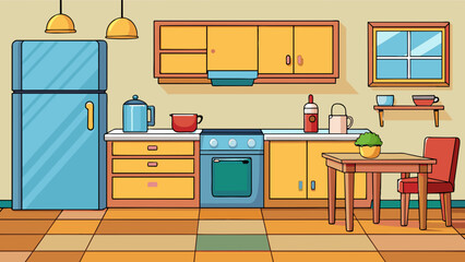  interior of a cozy kitchen with furniture and apple vector illustration 