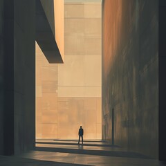 Capture the essence of Efficiency in a stark, minimalist style, portraying a lone figure in a corporate setting Use Digital Rendering Techniques to depict a sense of isolation and structure