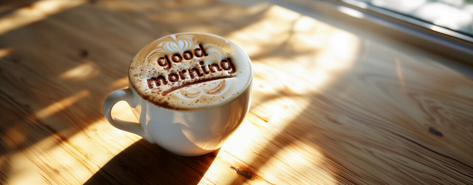 Coffee cup with the words Good morning on top written with cinnamon standing on wooden table, morning lightning with bright sun rays. 