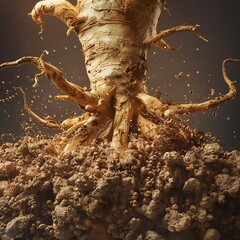 Capture the grandeur of Maca root extract in a low-angle view, highlighting its intricate textures and rich colors through hyper-realistic digital rendering techniques