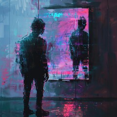 Convey the sense of desolation with a digital glitch art representation of a solitary figure staring at their distorted reflection in a broken mirror