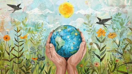 simple drawing of meadow earth in male hands on simple background, - 784806369