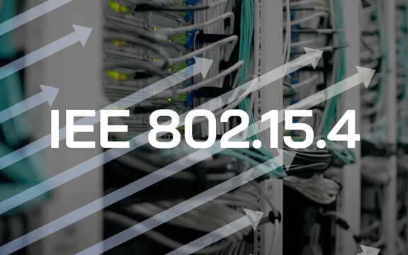 IEEE802.15.4 lettering and rising arrows in front of wires and lights of server in the background, connection, network, physical layer, media access control, communication, IT, internet, technology