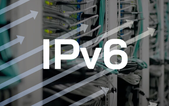IPv6 lettering and rising arrows in front of wires and lights of server in the background, connection, network, identification, internet protocol, communication, IT, internet, technology