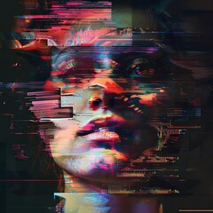 Create a digital glitch art masterpiece depicting the destructive and distorted nature of envy through fragmented, pixelated visuals symbolizing envys disruptive impact - obrazy, fototapety, plakaty