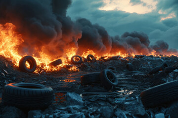 Burning tires in a garbage dump close up, air pollution. Black smoke
 - Powered by Adobe