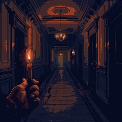 Depict fear using pixel art to showcase a persons trembling hands clutching onto a flickering candle in a dimly lit, abandoned mansion hallway The pixelated details should emphasize the vulnerability