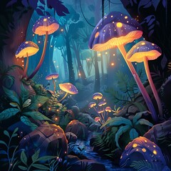 Design a vector illustration featuring a whimsical, enchanting forest where herbal supplements grow abundantly Infuse the scene with magical elements like glowing mushrooms and ethereal mist to evoke - obrazy, fototapety, plakaty