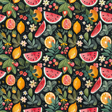 Design a vibrant pattern featuring exotic fruits like watermelon, lemons, and flowers on a dark background