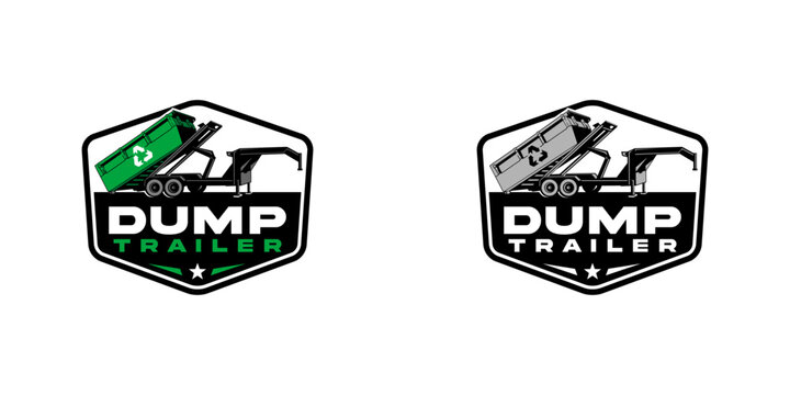 The vector logo showcases a dump trailer with two wheels, displaying strength and durability. Ideal for disposal business, rental, transportation or construction industry.