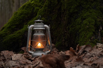 Fototapeta na wymiar Kerosene lantern shines in green moss
