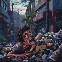 Illustrate a scene of revulsion through a pixel art animation of a person recoiling in horror from a foul-smelling garbage pile Focus on their exaggerated facial expressions and body language to conve