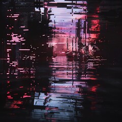 Produce a glitch art piece depicting free radicals as glitched-out pixels spreading rapidly across a dark, futuristic landscape, highlighting their disruptive and menacing presence - obrazy, fototapety, plakaty