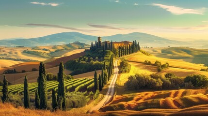 Tuscany landscape panorama. Wallpaper mural, hand drawing painting. Tuscan nature landscape. Italy home decoration