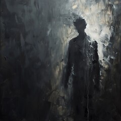 Provoke deep emotions with a haunting oil painting of a solitary figure surrounded by shadows of their past, symbolizing guilt and remorse Traditional Art Medium, dark, shadowy atmosphere, emotional d - obrazy, fototapety, plakaty