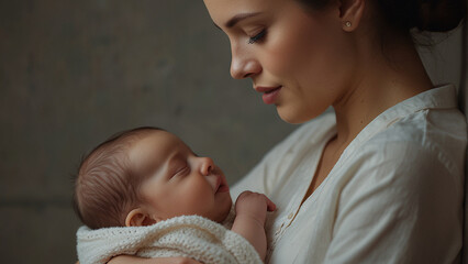 A mother looking at her baby with neutral background. AI generated. - obrazy, fototapety, plakaty