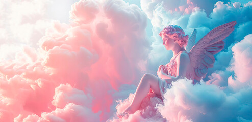 Guardian angel on the cloud prays for people thinks about good and evil about sin and redemption....
