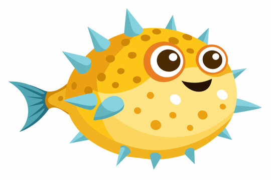 yellow pufferfish with blue spikes smiling clip art preview