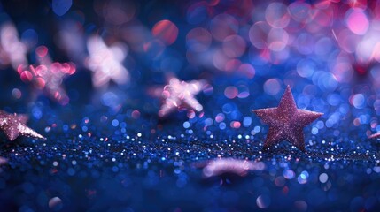 Small pink silver glitter stars on dark blue background with bokeh.