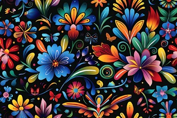 a colorful floral pattern on a black background, this print is designed to match the
