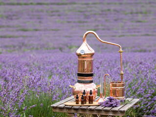 Distillation of lavender essential oil and hydrolate. Copper alambic for the flowering field. - 784809307