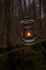 Magic lantern shines in the autumn forest