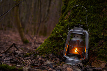 A kerosene lantern shines near a mossy tree