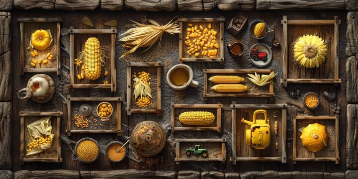 Vintage-style wooden letters spelling IOWA with a collection of corn-themed objects in rustic compartments