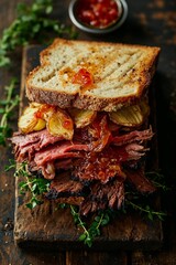 Gourmet Brisket Sandwich on Rustic Wooden Board - 784809737