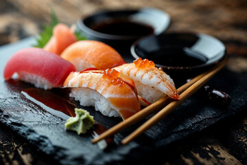 Traditional Japanese Sushi Selection on Rustic Background - 784809917