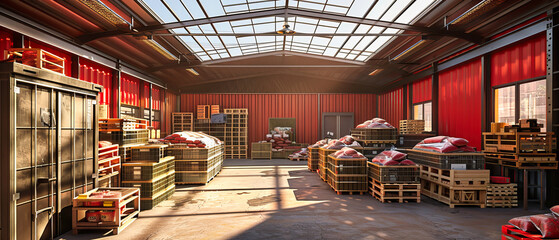 Large Agricultural Warehouse with Stacks of Fresh Produce Ready for Distribution