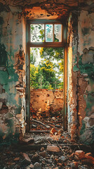 studio shot of A historic building slowly crumbling into ruin over the years, captured in a series of photographs, realistic travel photography, copy space for writing