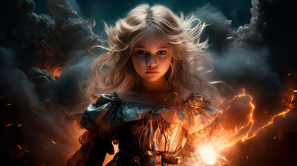 Fototapeta premium Little angry furious wizard. Magic is in the air. The great little girl sorceress princess kid commands fire. Fantasy concept. Fiction magic tricks. Fantastic world.