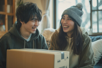 Man and Woman Smile in Front of a Box