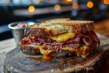 Gourmet Grilled Cheese and Bacon Sandwich on Rustic Wood - 784810963