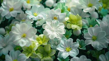 Fototapeta na wymiar Bright and beautiful colors of plastic flowers,Green and white flowers for background. ,Generative ai, 