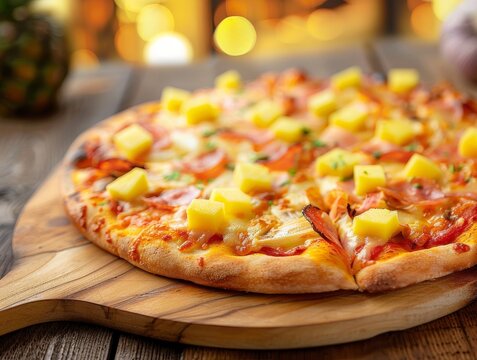 Hawaiian Ham Pineapple Mozzarella Cheese Pizza Slice Whole Box Background Image