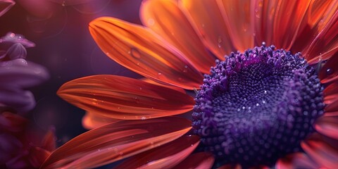 photo closeup of sunflower, orange petals, purple center  - Powered by Adobe
