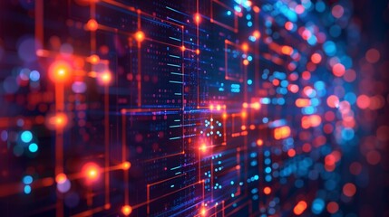 Obraz premium Digital electronic technology glowing background. Blockchain technology wallpaper. Computer network shiny poster. Bright lights. Raster bitmap digital illustration. AI artwork. 