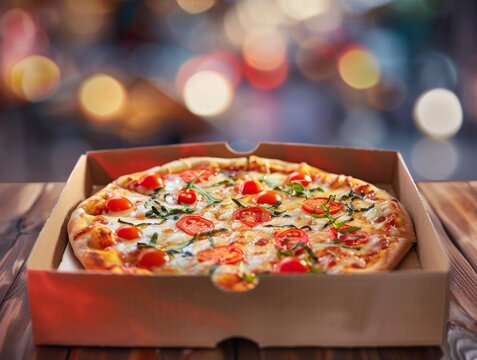 Margherita Tomato Basil Mozzarella Cheese Pizza Vegetarian Slice Whole Box Background Image