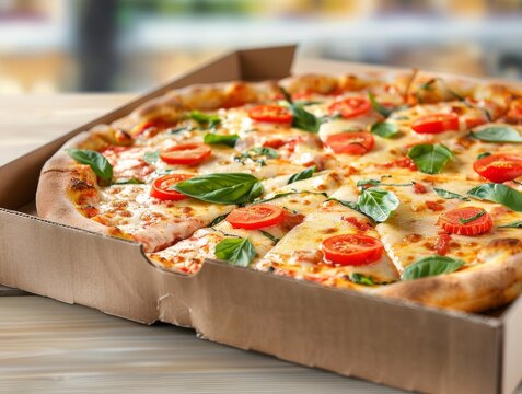 Margherita Tomato Basil Mozzarella Cheese Pizza Vegetarian Slice Whole Box Background Image