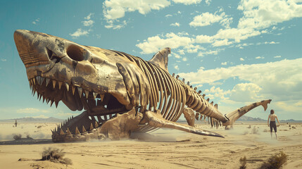 Giant shark skeleton in desert at sunset