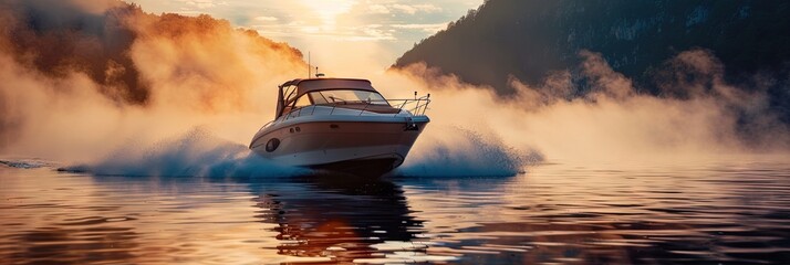 photo of a cabin cruiser on the water  - obrazy, fototapety, plakaty