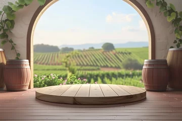 Fotobehang A charming wooden podium overlooks a lush vineyard, perfect for wine-related marketing or as an enchanting backdrop for product displays. © Jaemie