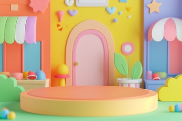A playful, bright scene with stylized shops and 3D shapes on a colorful background, perfect for kid-themed advertising and cheerful designs.