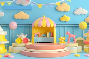 A playful, bright scene with stylized shops and 3D shapes on a colorful background, perfect for kid-themed advertising and cheerful designs.
